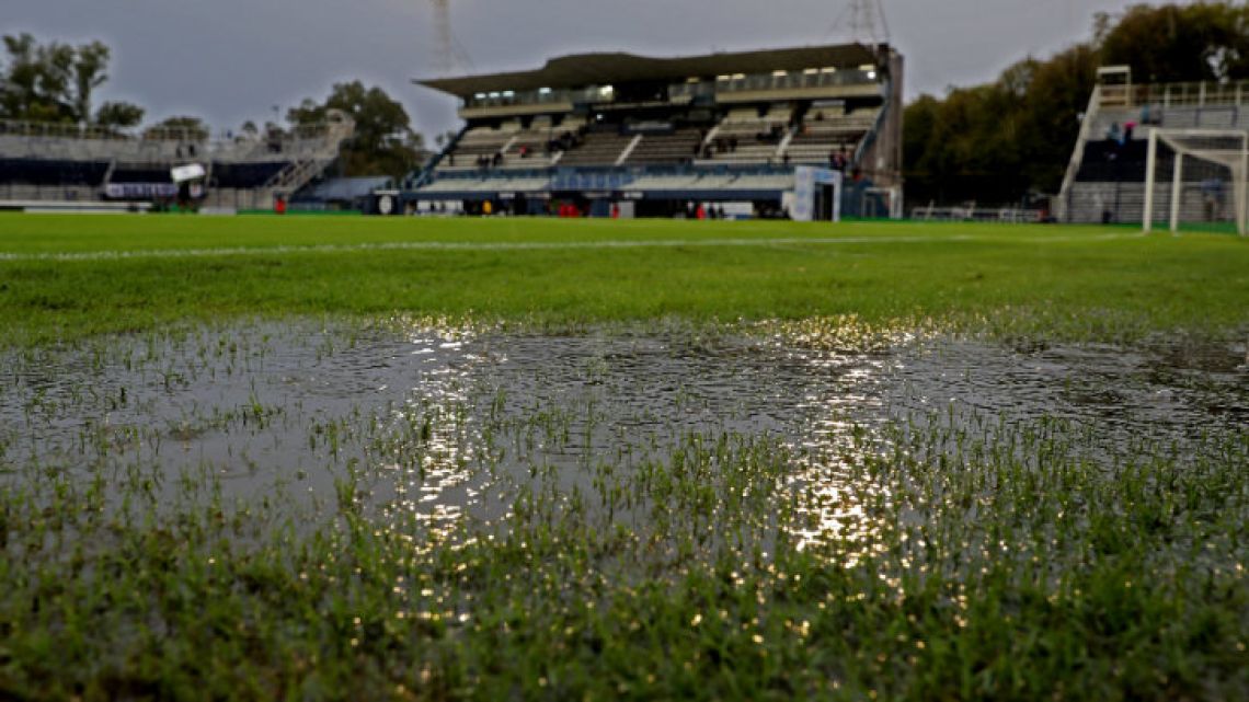The flooded soccer field of Juan Carmelo Zerillo stadium in La Plata, after referee Facundo Tello called off the game between Gimnasia against Boca Juniors.