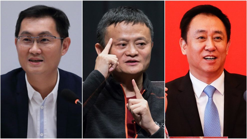 Multimillonarios chinos: Pony Ma, Jack Ma, Xu Jiayin.