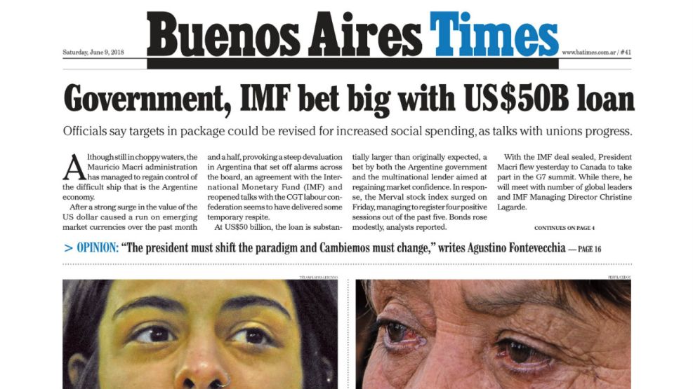 La tapa de Buenos Aires Times de este sábado.