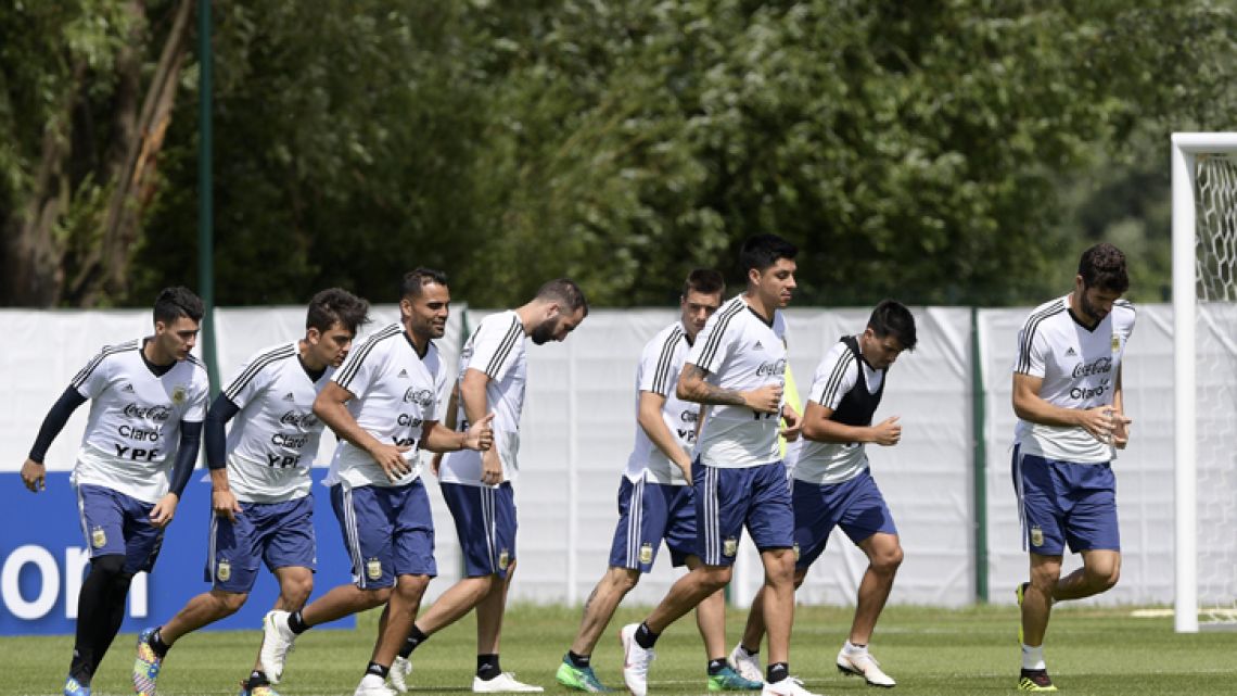 Argentina's players take part in training session at the team's base camp in Bronnitsy, near Moscow.