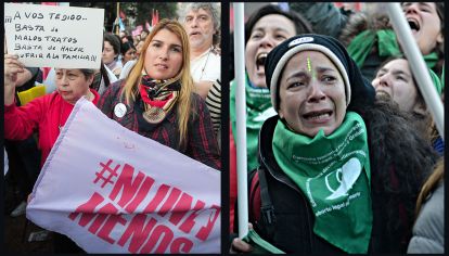 A La Izquierda tenemos una imagen de la marcha de ni una menos en 2015 y a la derecha la emoción luego de la aprobación en diputados de la ley por el aborto legal.