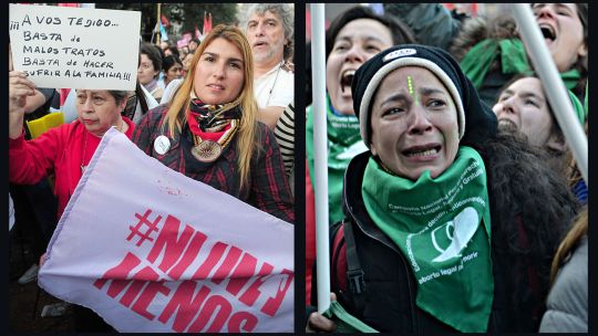 A La Izquierda tenemos una imagen de la marcha de ni una menos en 2015 y a la derecha la emoción luego de la aprobación en diputados de la ley por el aborto legal.