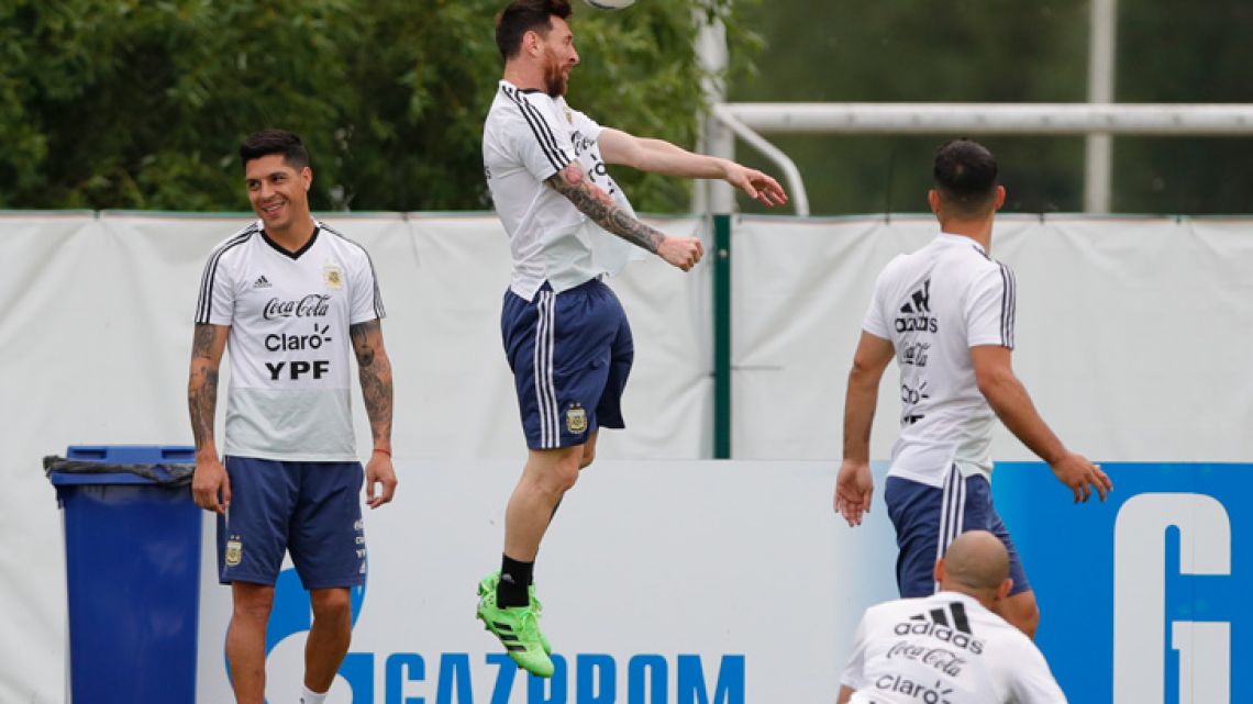 Lionel Messi heads a ball during a training session in Bronnitsy. 