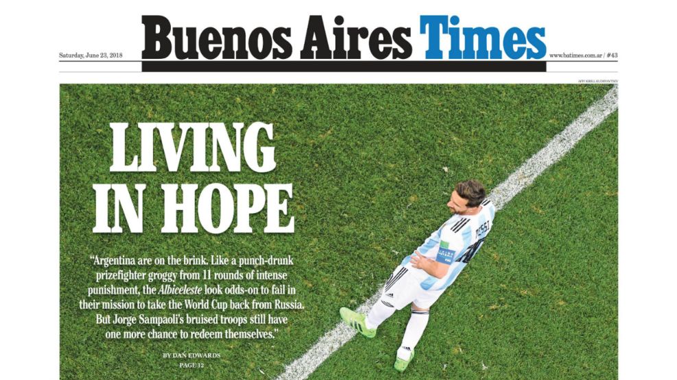La tapa de Buenos Aires Times de este sábado. 20180623