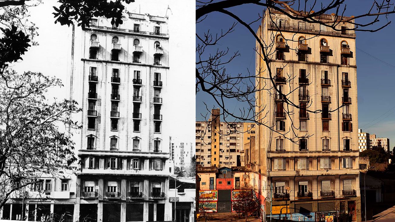 Izquierda. Avenida Paseo Colón. Construcciones afectadas al ensanche de la avenida. Archivo General de la Nación. Departamento Documentos Fotográficos. Inventario 335767. Derecha, el edificio en la actualidad.