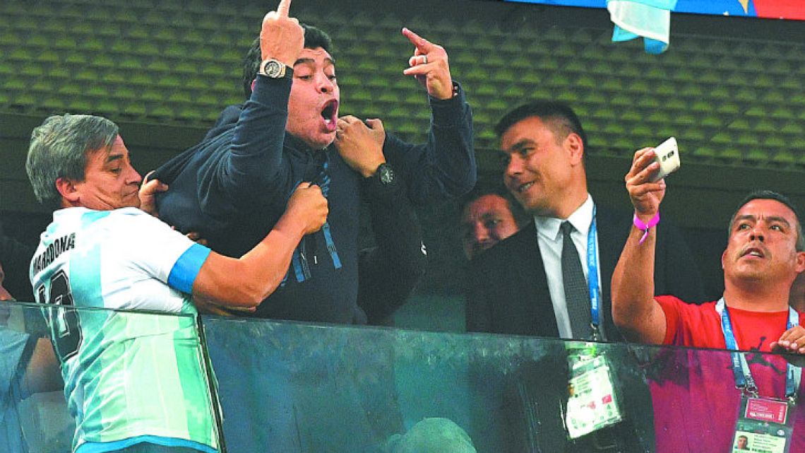 Diego Maradona ‘salutes’ the crowd after Marcos Rojo’s winner put Argentina ahead against of Nigeria.