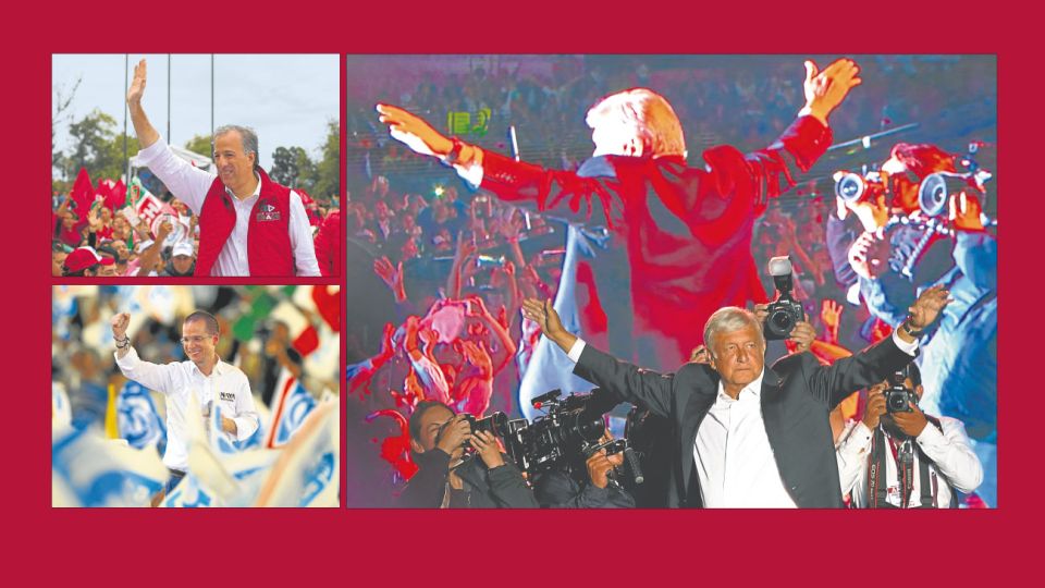 Cierres de campaña. Meade (arriba a la izq.) busca suceder a su correligionario Peña Nieto. Ricardo Anaya (abajo a la izq.) es el candidato más joven de los comicios. AMLO busca llegar por primera vez al poder.