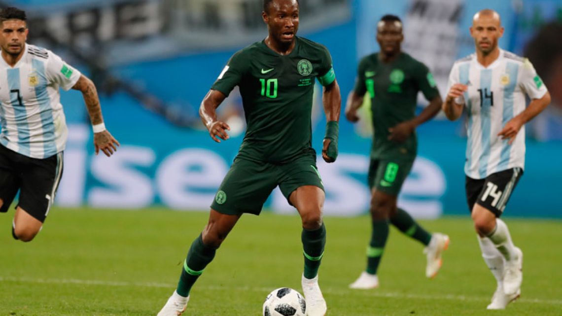 Nigeria captain John Obi Mikel controls the ball during the match between Argentina and Nigeria at the World Cup in Russia.