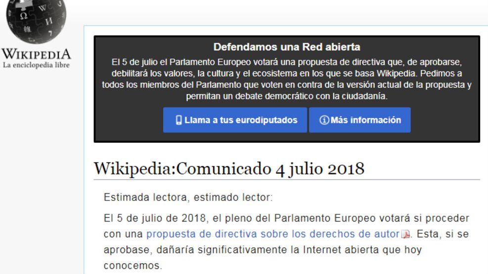 La portada de Wikipedia en la previa del debate de la Ley de Copyright en Europa.