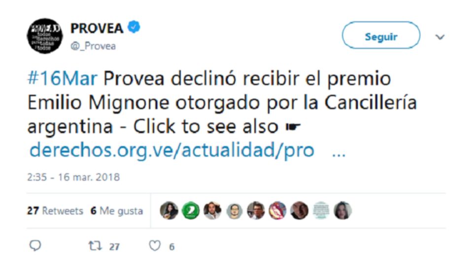 El tuit de Provea.