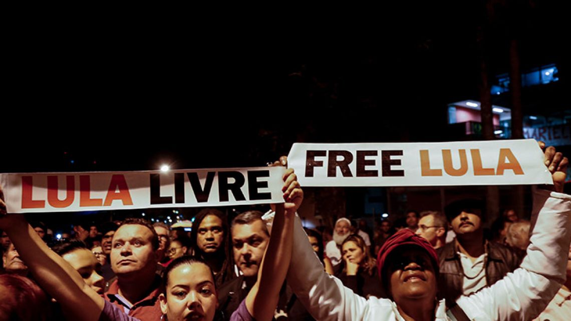 Supporters of former Brazilian president Luiz Inácio Lula da Silva - in jail since April for corruption - demonstrate demanding his release in São Bernardo do Campo, Brazil.