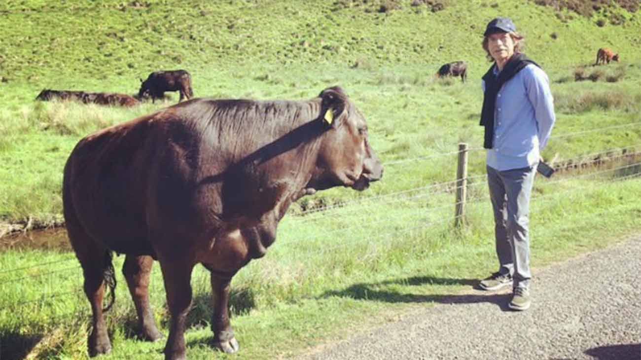 Mick Jagger visitando una zona rural de Escocia. 