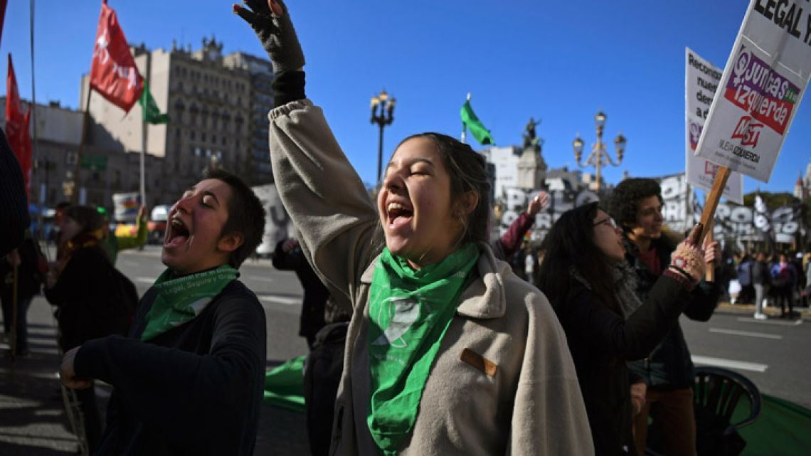 People in favour of the legalisation of abortion demonstrate outside the National Congress in Buenos Aires on Wednesday.