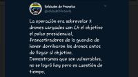 El presunto comunicado del grupo "Soldados de Franelas", adjudicándose el ataque a Maduro.