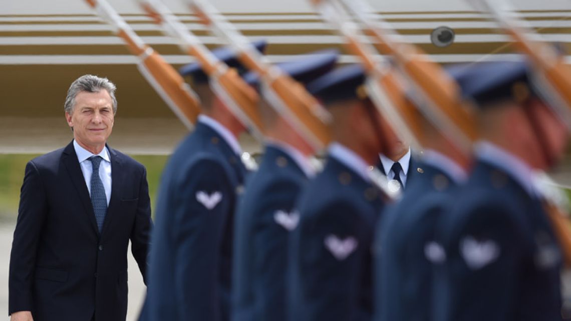 President Mauricio Macri arrivesat the CATAM military airport in Bogotá, where he will attend Colombia's President Ivan Duque swearing-in ceremony.