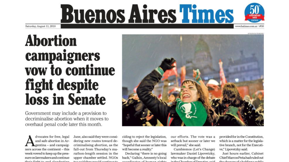 La tapa de Buenos Aires Times de este sábado 11 de agosto