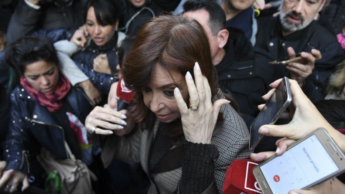 Court-bound, Cristina Fernández de Kirchner leaves her apartment in Buenos Aires’ Recoleta neighbourhood on Monday, August 13, 2018-