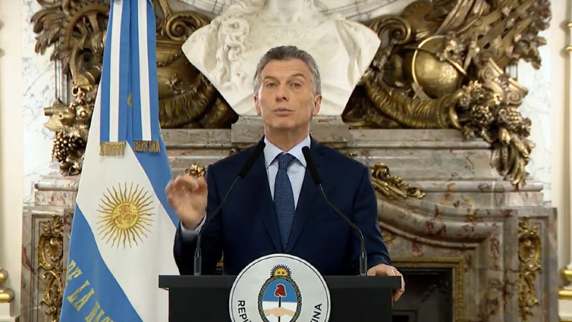 President Mauricio Macri deliver a pre-recorded online address on September 3, 2018.