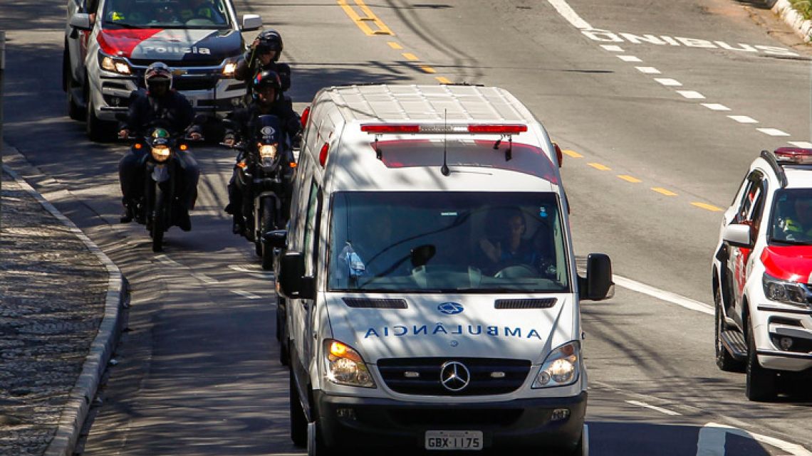 View of the ambulance transporting Brazilian right-wing presidential candidate Jair Bolsonaro as it arrives at the Albert Einstein Hospital in São Paulo.