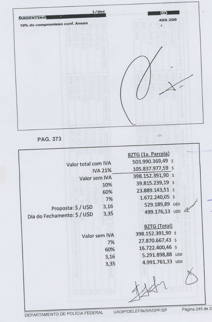 La obra, el IVA y el adelanto.  Un desglose de Pietro sobre le presupuesto de la obra de Aysa de enero de 2009. La empresa estatal pagó el adelanto financiero en dos pagos por un total de US$ 12 millones o $ 39,8 millones de ese momento. Pietro, dedicado a pagos en negro y a la contabilidad paralela de Camargo, guardaba estos documentos.
