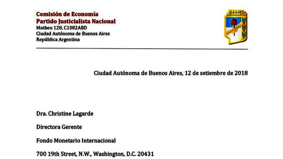 El encabezado de la carta del PJ al FMI, firmada por Guillermo Moreno.