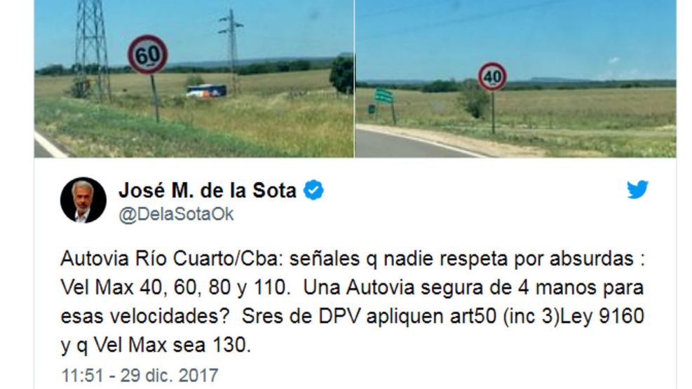 El tuit de De la Sota en diciembre pasado, cuestionando la velocidad máxima de la autovía 36.