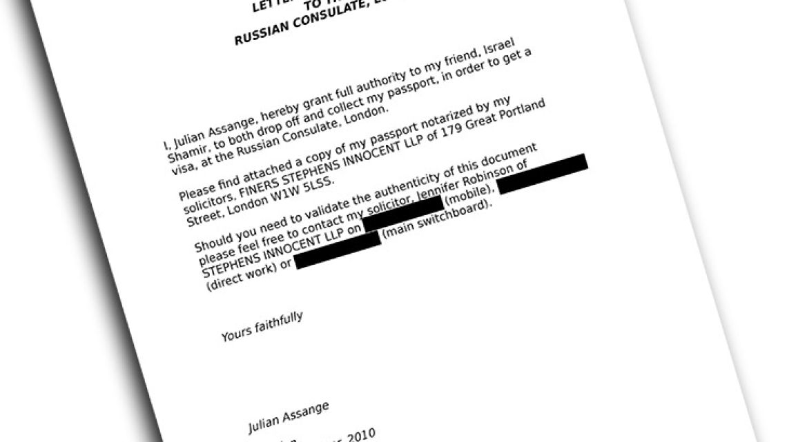 This document obtained by The Associated Press shows a letter to the Russian Consulate in London dated Nov. 30, 2010. Although it isn’t clear whether the missive was actually delivered to the consulate, it does show that WikiLeaks founder Julian Assange sought a Russian visa as authorities were closing in on him in the wake of his publication of U.S. State Department cables. The letter is part of a wider cache of internal WikiLeaks files recently obtained by the AP. Sections of the image are redacted to protect sensitive information.