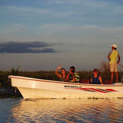 Sightseers visit the embalsados (floating islands) in flat-bottom launches.