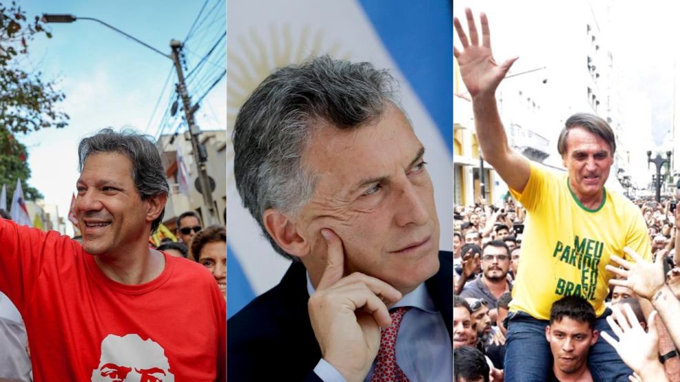 Haddad (izq.) y Bolsonaro (der.). Macri observa atento el proceso eleccionario en Brasil.