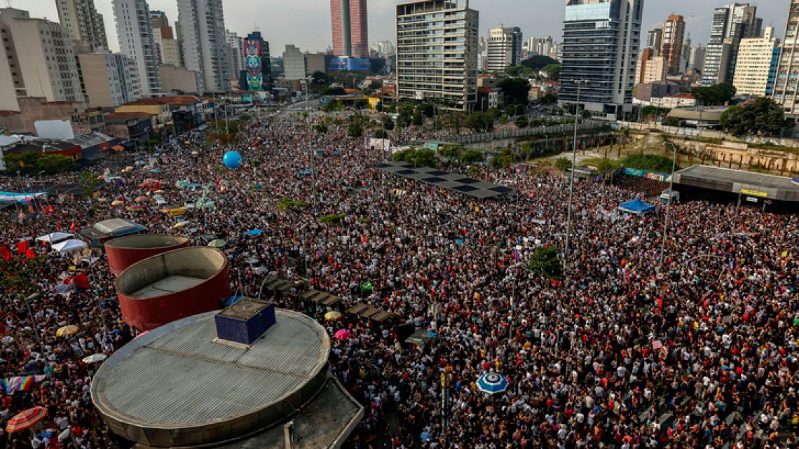 Aerial view of a demonstation against Brazilian right-wing presidential candidate Jair Bolsonaro, called by a social media campaign under the hashtag #EleNao ("Not Him"), at Largo da Batata in São Paulo, Brazil on September 29, 2018. Women across Brazil launched a wave of nationwide protests on Saturday against the candidacy of the right-wing frontrunner in next week's presidential elections, Jair Bolsonaro who has been branded racist, misogynist and homophobic. 
