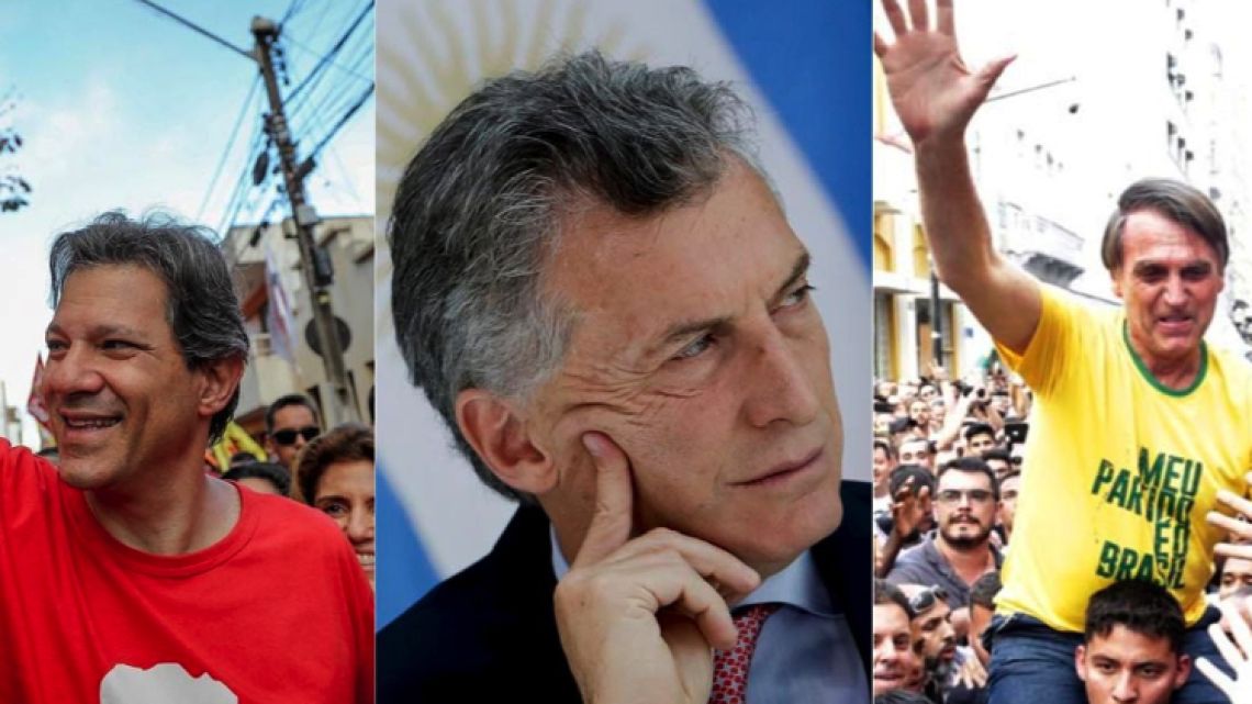 Fernando Haddad (left), Argentina's President Mauricio Macri (centre), Jair Bolsonaro (right).