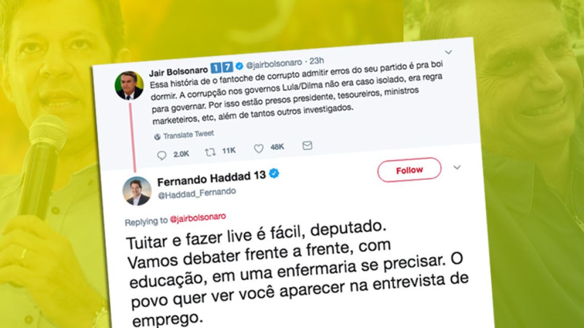 In an exchange late Tuesday, Fernando Haddad tried to taunt Jair Bolsonaro into engaging in TV debates, hoping to close the big lead in the polls enjoyed by the far-right candidate.