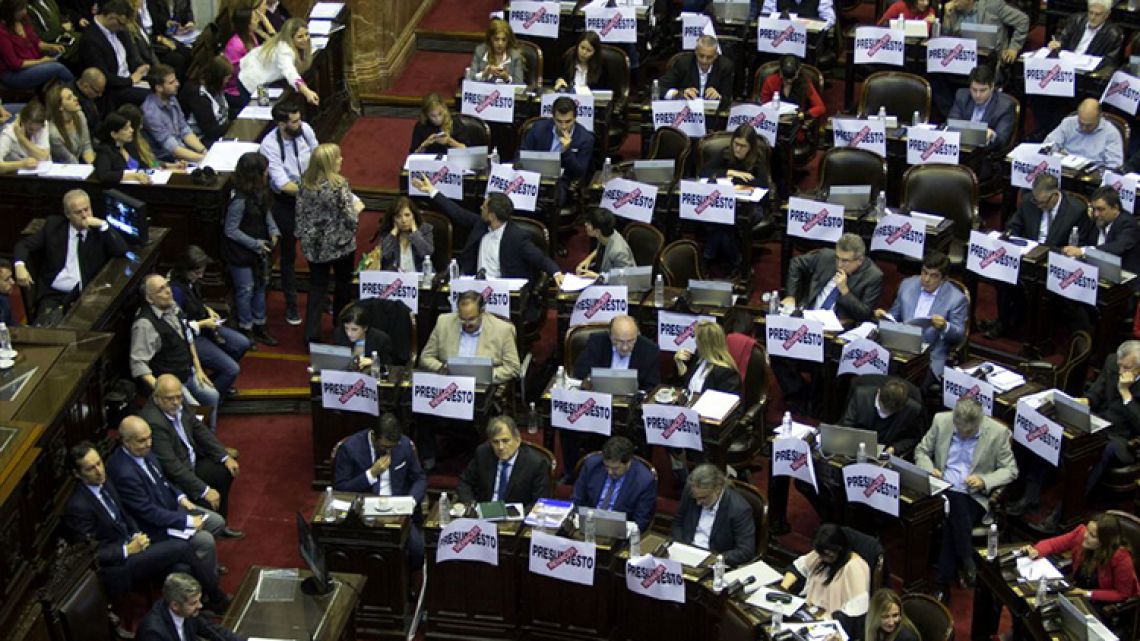 Members of Argentina's Lower House sit behind signs against the 2019 Budget.