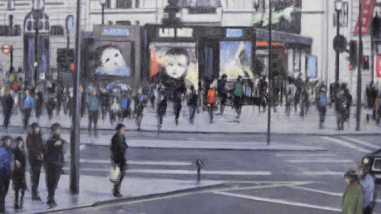 Detalle de Picadilly Circus, en Londres, pintura de Guillermo Bekes.