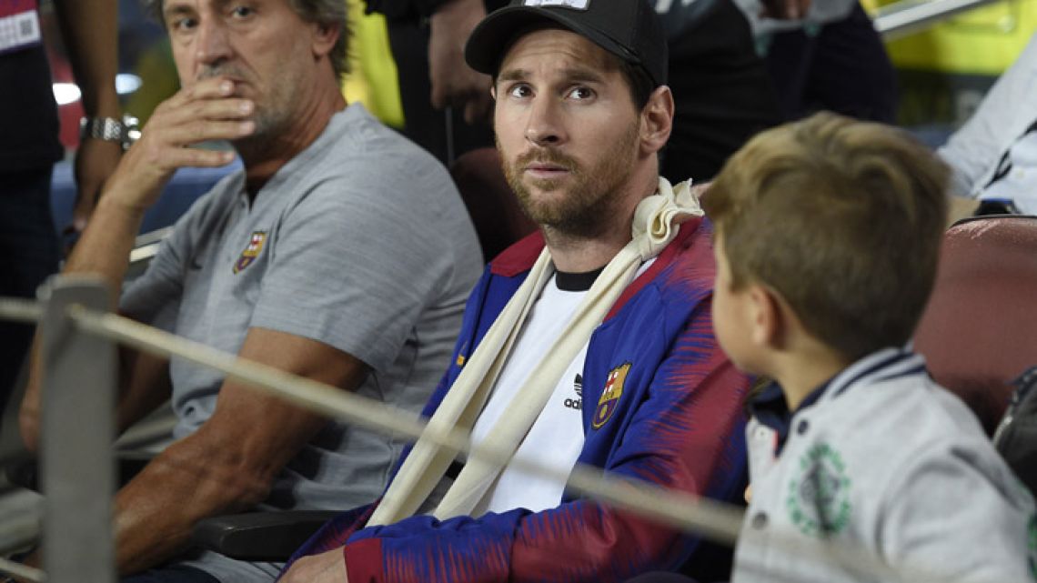 Lionel Messi looks during the UEFA Champions League group B match Barcelona against Inter Milan at the Camp Nou stadium in Barcelona on October 24, 2018.