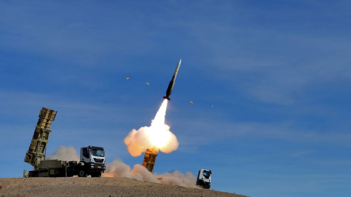 A Sayyad 2 missile is fired by the Talash air defense system during drills in an undisclosed location in Iran.