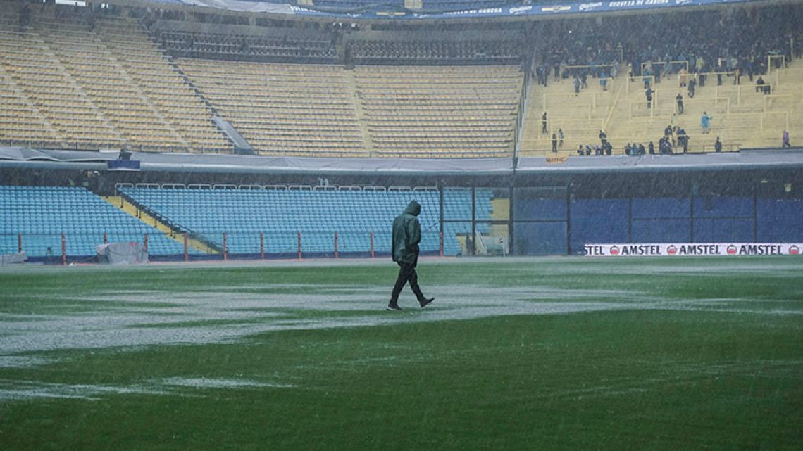 View of La Bombonera Stadium under heavy rain, taken this afternoon.