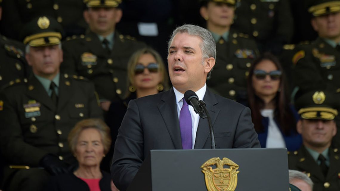 Colombian President Iván Duque delivers a speech during the 127th anniversary of the Colombian Police at the General Santander police school in Bogotá, on November 6, 2018.  