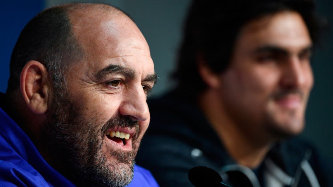 Argentina's head coach Mario Ledesma (left) talks during a press conference with flanker and captain Pablo Matera on November 16, 2018 at the Pierre Mauroy Stadium, in Lille, on the eve of the rugby union Test match against France.  
