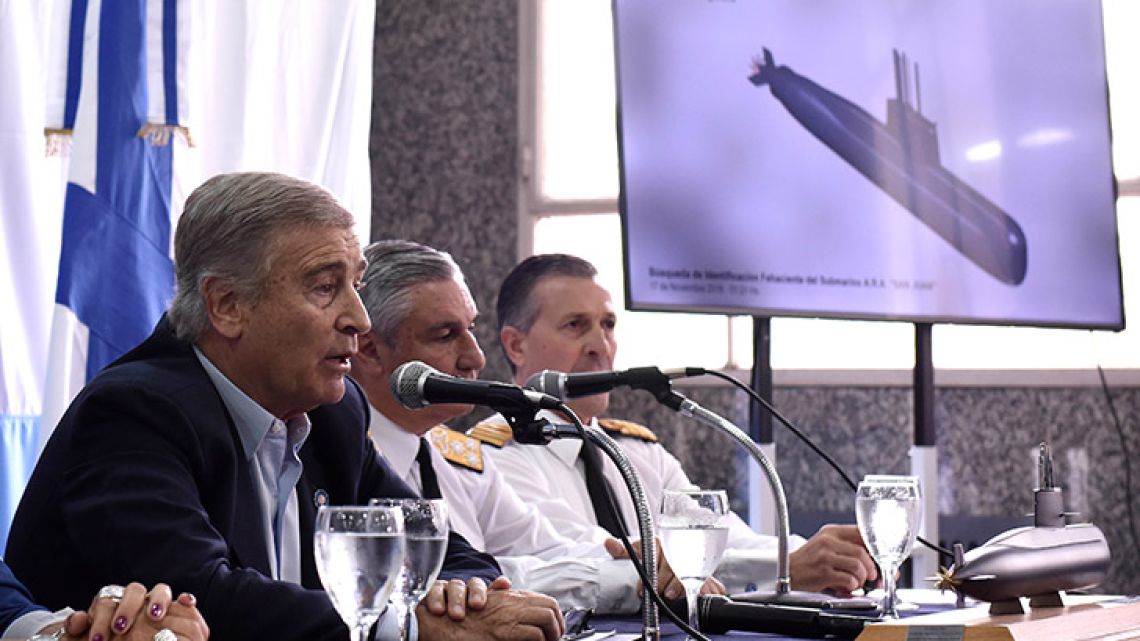 Defence Minister Oscar Aguad talks during a press conference in Buenos Aires. The Navy announced early Saturday that they have located the missing submarine ARA San Juan in the Atlantic, a year after it disappeared with 44 crew-members aboard.