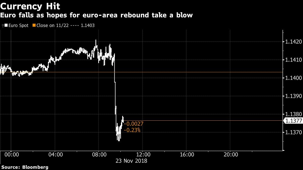 Euro falls as hopes for euro-area rebound take a blow