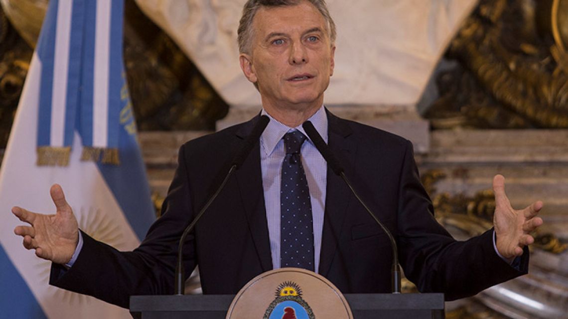 President Mauricio Macri gives a press conference at the Casa Rosada this morning.