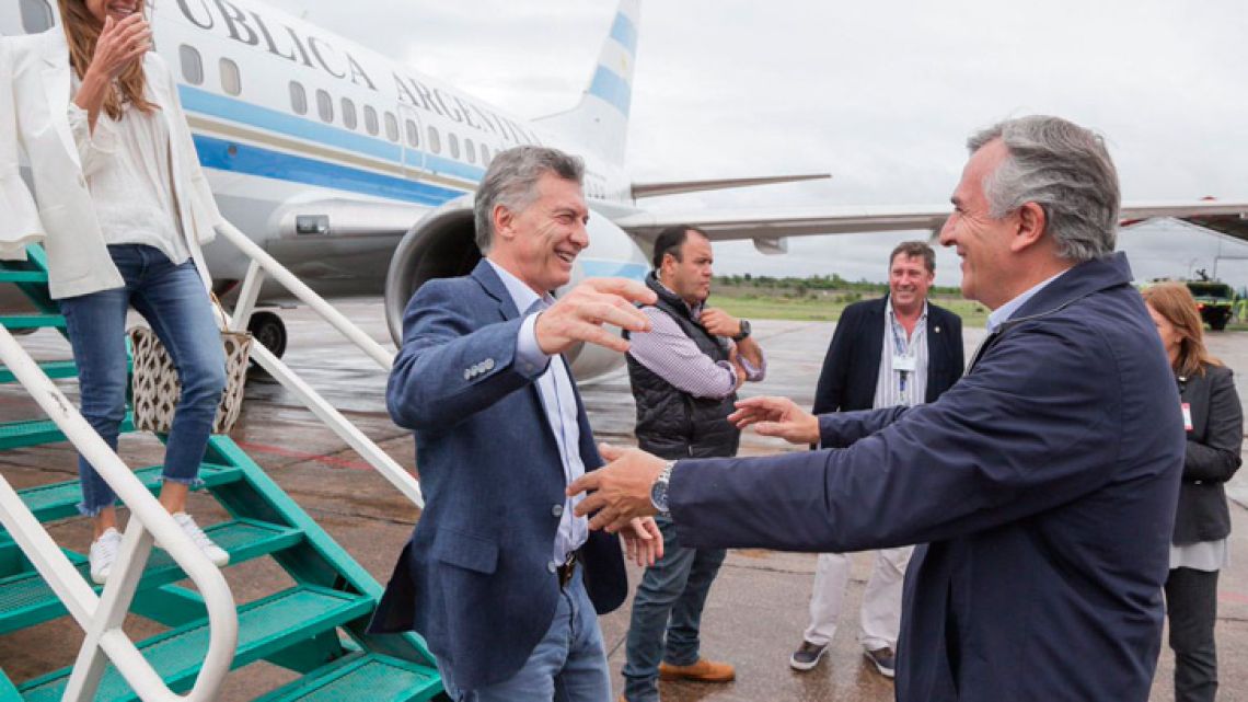 President Mauricio Macri is greeted by Governor of Jujuy Gerardo Morales during a visit to the province on Saturday.