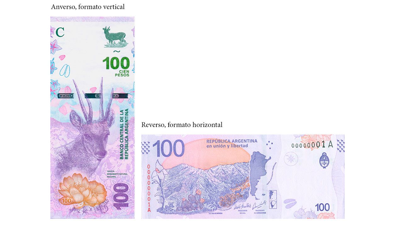 El Banco Central de la República Argentina (BCRA) puso en circulación hoy el nuevo billete de $100 con la imagen de la taruca, sexto y último integrante de la familia de billetes Animales autóctonos de Argentina.