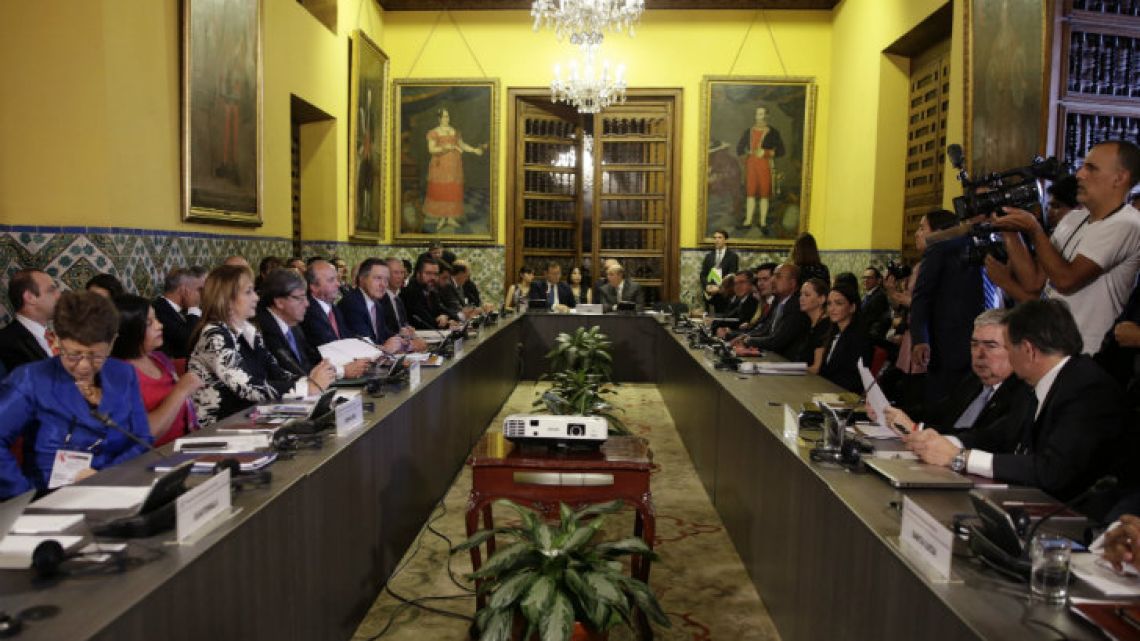 Foreign Ministers of the Lima Group gather for a meeting concerning Venezuela, in Lima, Peru, yesterday.