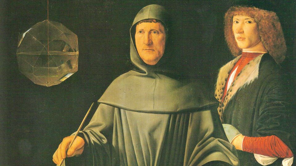 Detalles. La fe, según Leonardo en Anunciación; la ciencia, por Jacopo de’Barbari en su retrato del matemático Luca Pacioli.