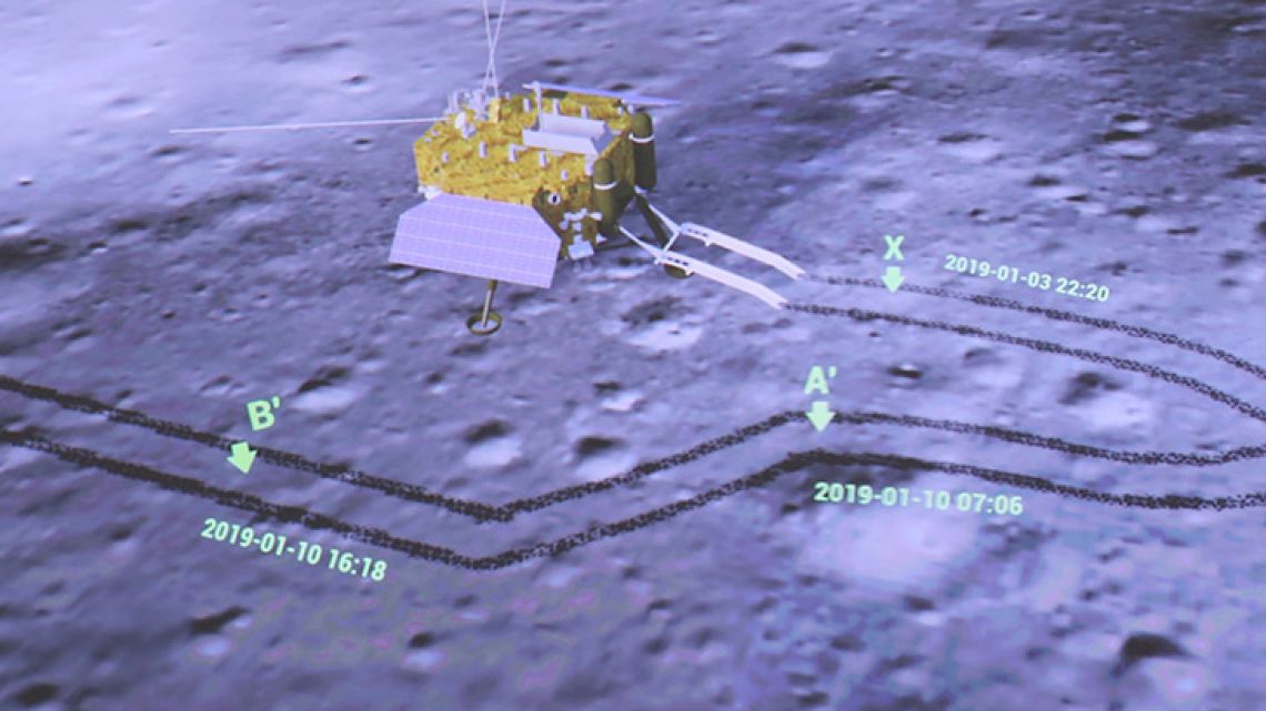 In this photo released by Xinhua News Agency, the screen at the Beijing Aerospace Control Center shows the lander of the Chang'e-4 probe, right, and the rover Yutu-2 (Jade Rabbit-2) taking photos of each other, Friday, Jan. 11, 2019. 