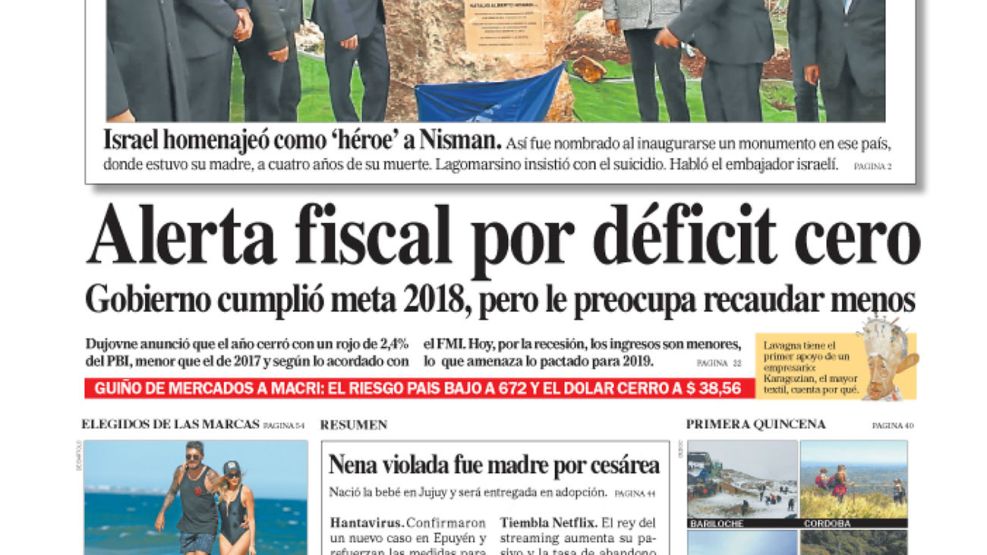 La tapa de Diario PERFIL del sábado 19 de enero de 2019.