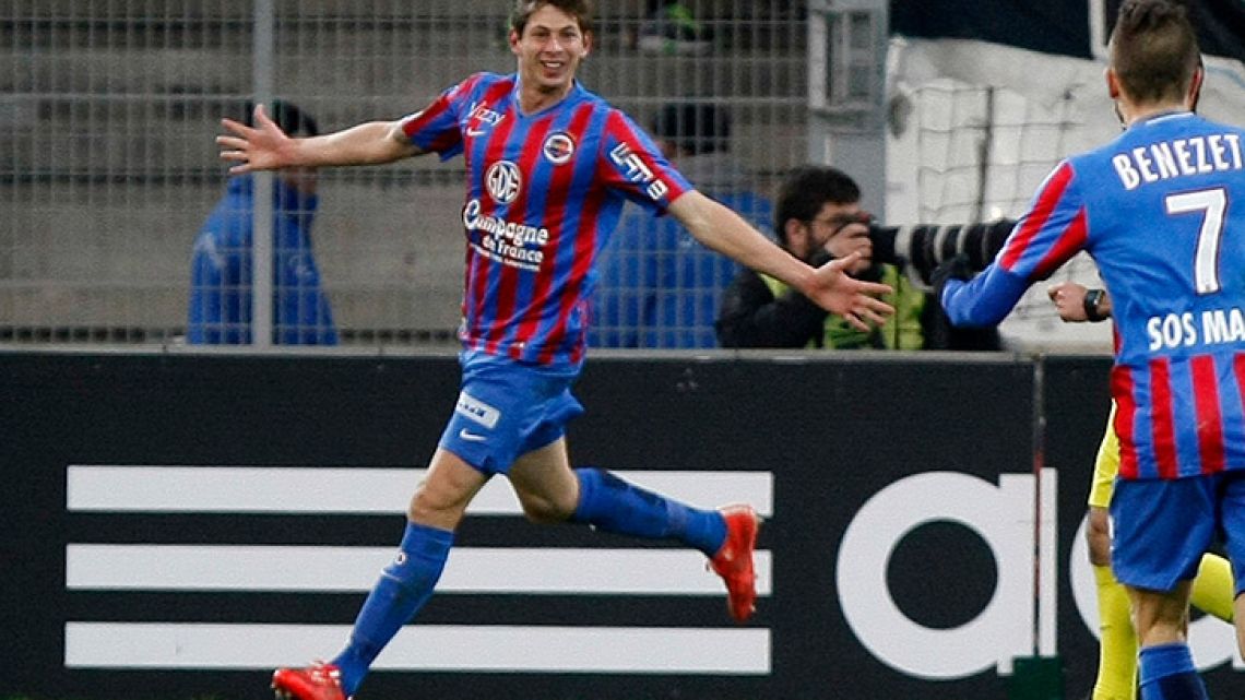 In this 2015 file photo, Emiliano Sala, then of Caen, celebrates scoring a goal.