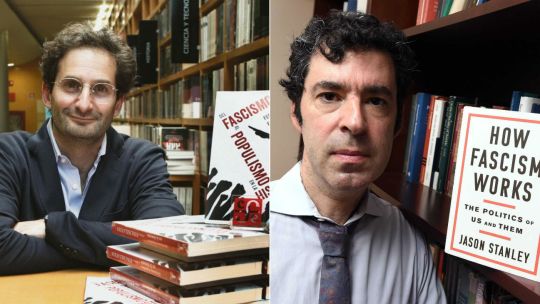 AUTORES. De izq. a der.: Federico Finchelstein y su obra Del fascismo al populismo en la historia. Jason Stanley y la versión original de Facha, que acaba de ser traducida.